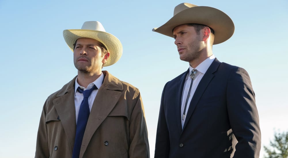 Supernatural destiel fanfiction is about Castiel and Dean. Here they stand next to each other in cowboy hats